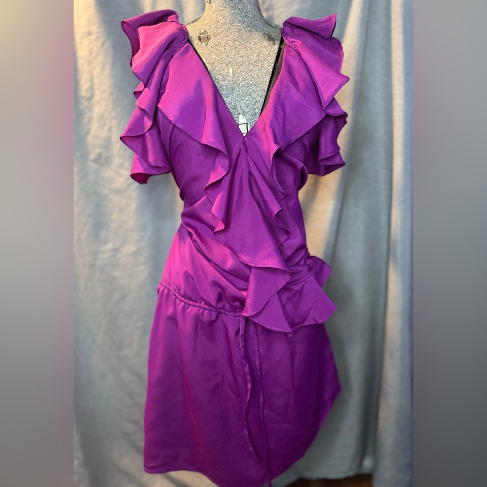 VTG Lov Posh Vibrant Plum Purple Ruffle Midi Silk Dress with Drawstring